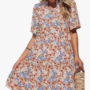Chic Floral Midi Women’s Dress in Blue and Orange Small Flowy Ruffles Feminine
